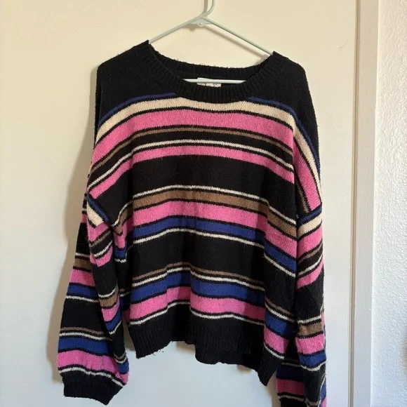 Promesa Women’s Large Acrylic Wool Striped Multicolor Sweater Pink Blue Black - Picture 2 of 6